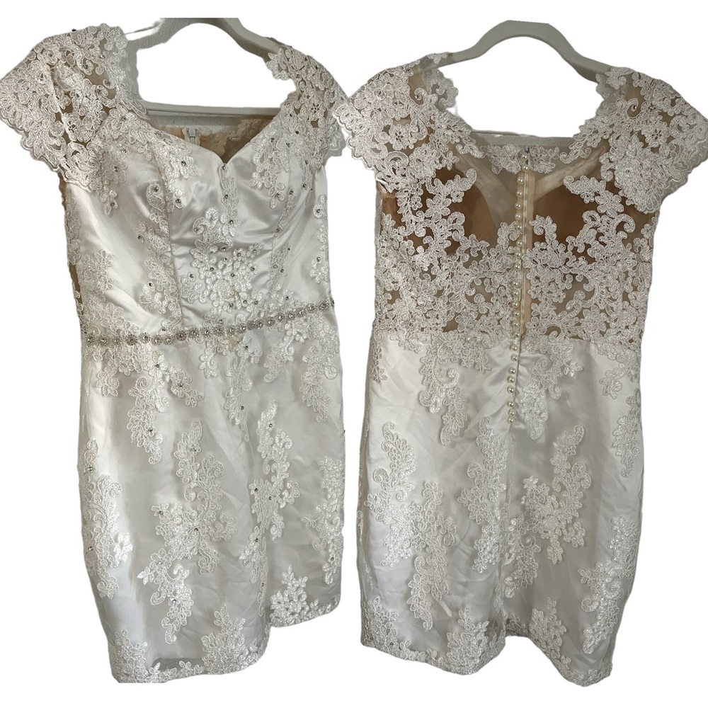 VINTAGE | Handmade Lace Wedding Dress White Lace Pearl Short Small